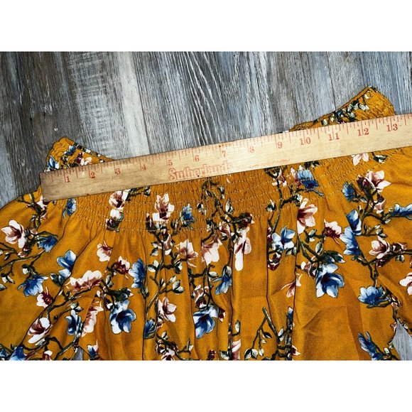 Let Them Eat Cake Off Shoulder 3/4 Sleeve Blouse Mustard Floral Size Small - Picture 9 of 9